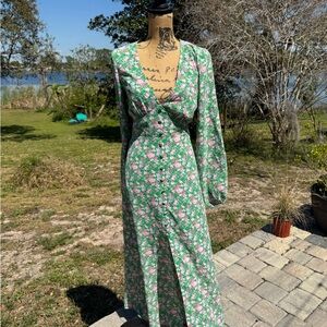 ACOA Green Pink Plunge Neck Bishop Sleeve Dress Floral Long Sleeve Size S